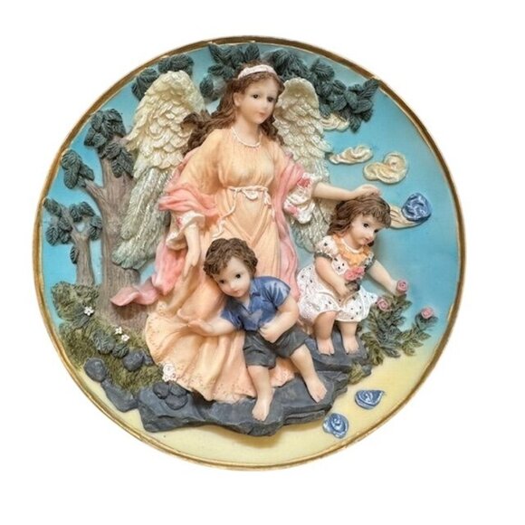 Guardian Angel Wall Plaque With Children Hand-Painted Resin Hanging Decor - Picture 1 of 7